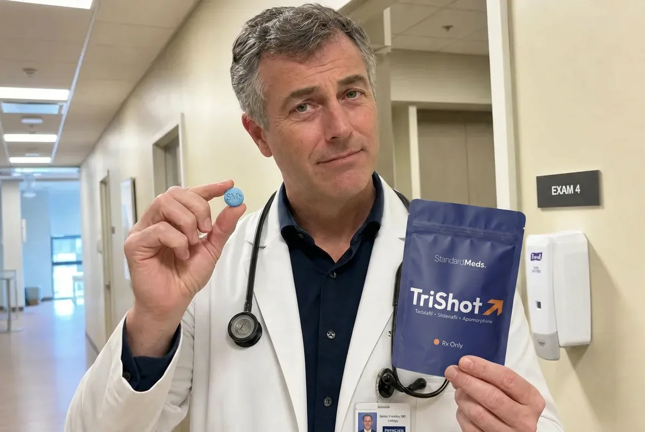 Urologist handing a patient the TriShot rapid-dissolve tablets during a consultation